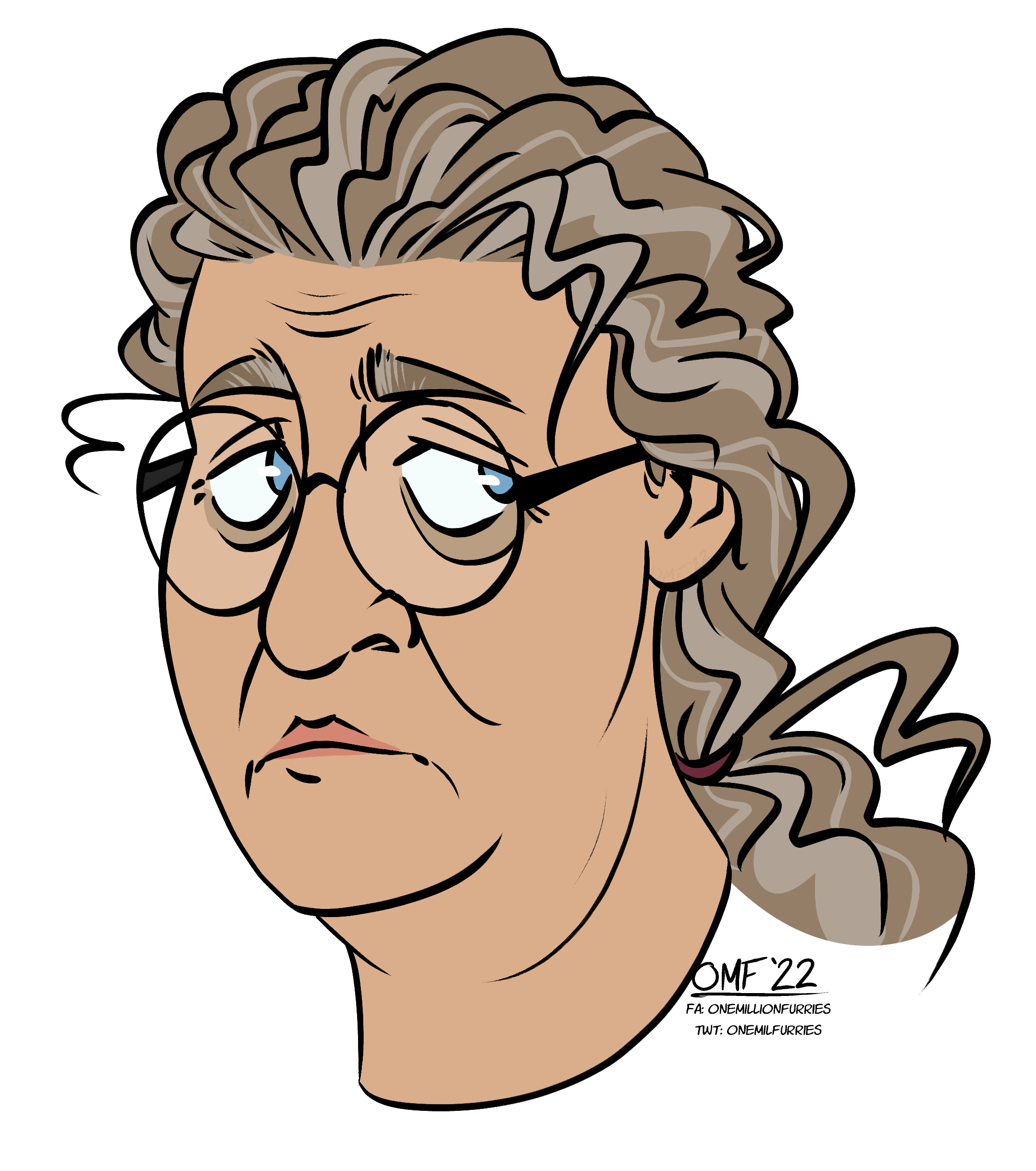 A headshot drawing of an older, slightly tan person with sunken blue eyes. They are wearing glasses and have their messy dark blonde hair tied in a ponytail. Their hair is curly and has grey streaks.
